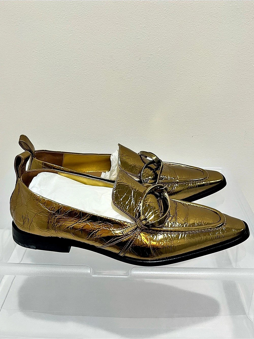 Dries Van Noten Leather Loafers with Chain Link Detail Metallic Gold Size 37
